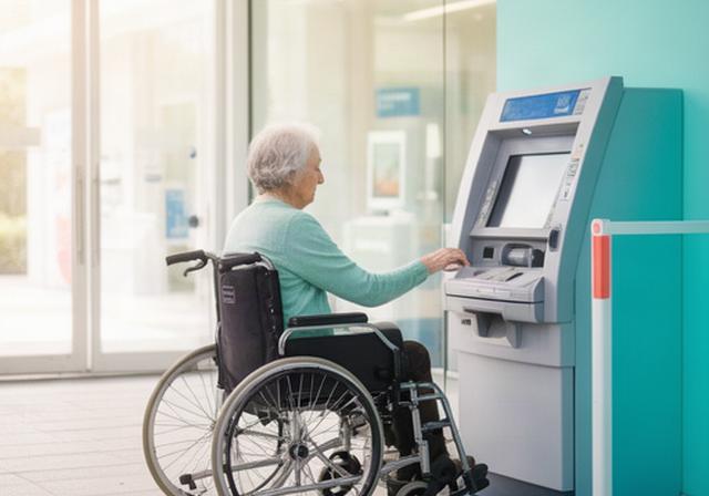 明るい金融機関の入口で車椅子利用者が多言語ATMを操作する様子